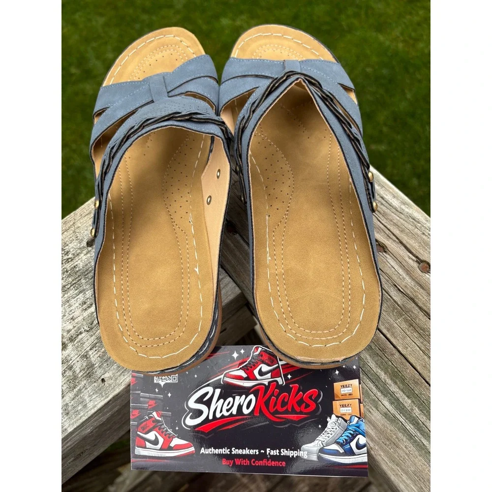 Womens Blue Faux Suede Slide Sandals Comfort Cushioned Mules Size 43, 11.5-12 US